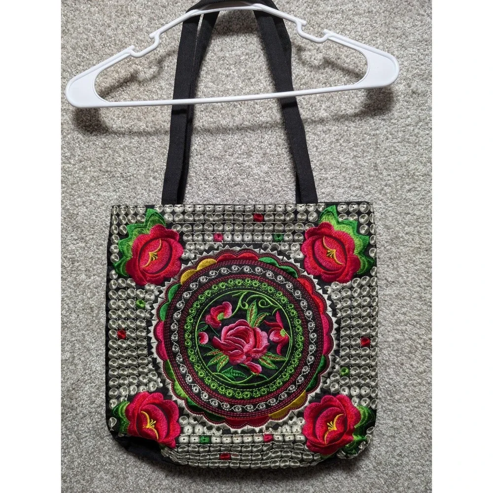 VTG Boho Embroidered Tote Bag with Rose Flower‎ and Leaves Design